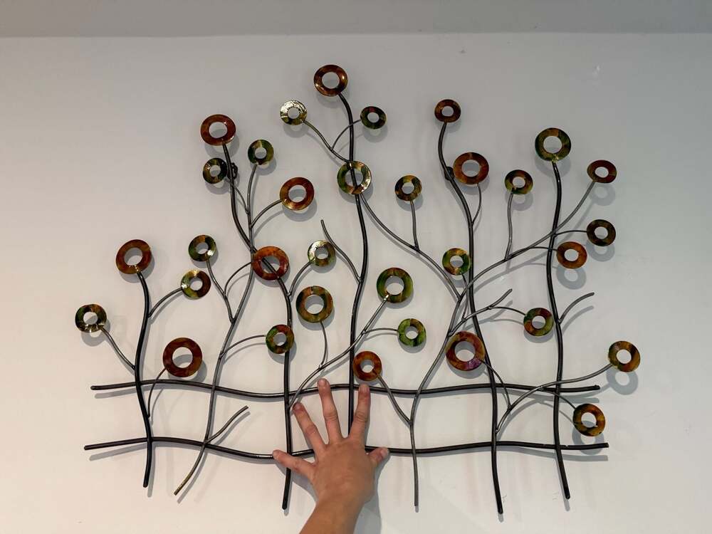 Contemporary Abstract Metal Wall Art Sculpture with Floating Multicolor Rings an